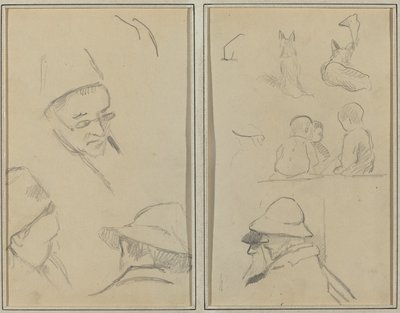 Tre studi di teste di uomini, uno con occhiali; cani, bambini e due uomini barbuto di profilo da Paul Gauguin