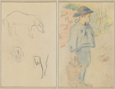 Tre studi di un maiale; ragazzo bretone che cammina con una brocca da Paul Gauguin