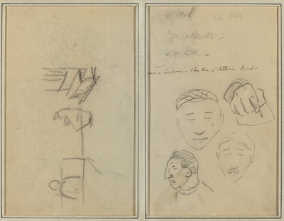 Due figure e una panchina; Tre studi di teste di uomini e uno di una mano [recto] da Paul Gauguin