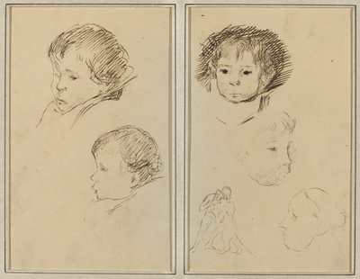 Due Studi della Testa di un Bambino; Due Studi della Testa di un Bambino, una Donna di Profilo e un Uomo che Lotta con un Animale [recto] da Paul Gauguin