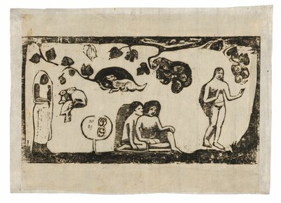 Donne, animali e fogliame, dalla suite di stampe su blocchi di legno di epoca tarda da Paul Gauguin