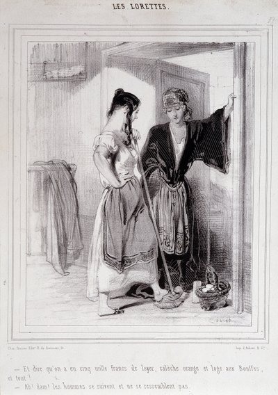 2 donne povere in conversazione sulle scale riguardo agli uomini, "Les Lorettes", Gavarni, c. 1840 da Paul Gavarni