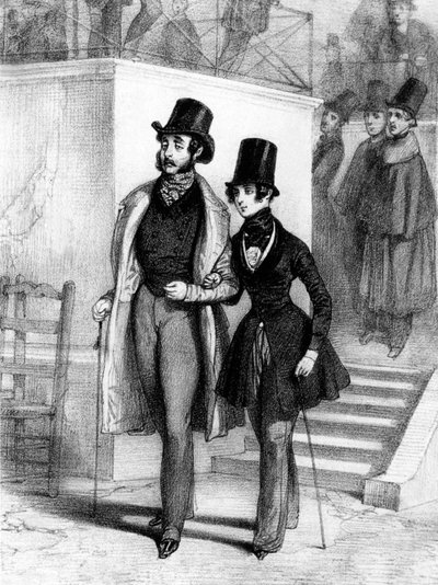 George Sand (a destra) vestita da studente, e il suo amante Jules Sandeau a Parigi, c. 1831, incisione di Paul Gavarni (1804-1866) da Paul Gavarni