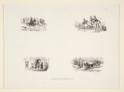 Quattro soggetti: Una cavalcata; Quattro bambini; Una contadina che porta un bambino piccolo; Viaggiatori da Paul Gavarni