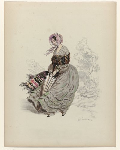 Donna che cammina nel vento con un parasole, 1840 da Paul Gavarni
