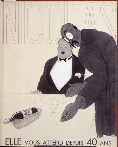 Ti ha aspettato per 40 anni Il cameriere di un ristorante si rivolge a un cliente indicando una bottiglia di vino. - pubblicità per Nicolas, disegno di Paul Iribe da Paul Iribe