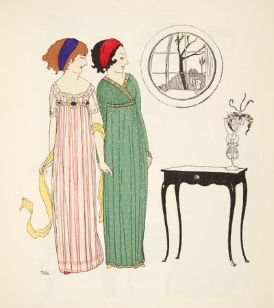 Due abiti da giorno in stile impero da Les Robes de Paul Poiret pub. 1908 da Paul Iribe