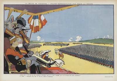 Visita del re Alfonso XIII di Spagna a Parigi: parata militare a Vincennes. Illustrazione per Le Rire da Paul Iribe