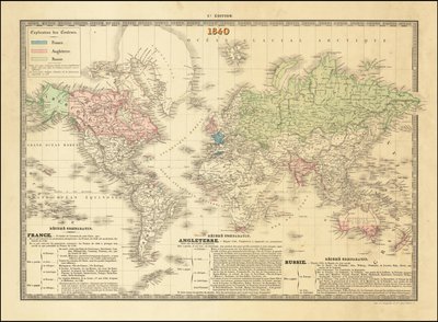 Carta del mondo francese del 1840 che raffigura i territori degli Imperi britannico, francese e russo da Paul Kaeppelin