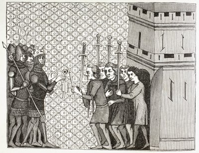 Dopo la cattura di una città nel 14° secolo, la guarnigione si arrende e si getta nella misericordia dei suoi conquistatori. Dopo una miniatura del 14° secolo nell