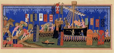 Imbarco dei Cavalieri dello Spirito Santo per la Crociata - basato su miniatura del XIV secolo, in "Vita militare e religiosa nel Medioevo e nel Rinascimento" di Paul Lacroix, Parigi da Paul Lacroix