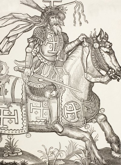 Goffredo di Buglione, 1060-1100 circa, cavaliere franco medievale. Leader della prima crociata. Qui lo si vede incoronato con gli strumenti della passione di Cristo. Dopo una xilografia del XV secolo. da Paul Lacroix