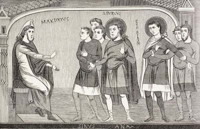 I santi Savino e Cipriano confessano al proconsole Galerio Massimo di essere cristiani. Da un affresco dell