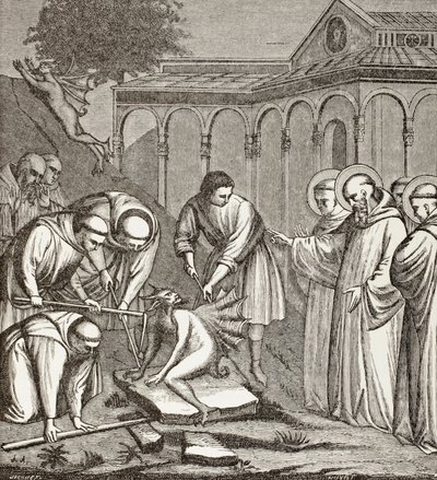 San Benedetto e il diavolo. Quando Benedetto stava costruendo una cappella, il diavolo si sedette su una pietra e nessuno riuscì a spostarlo finché San Benedetto non benedisse la pietra. Allora il diavolo prese il volo. da Paul Lacroix