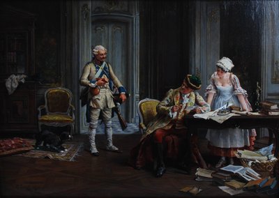 Le Billet de Logement. Olio su tavola, firmato e datato P Jazet 1879. da Paul Léon Jazet