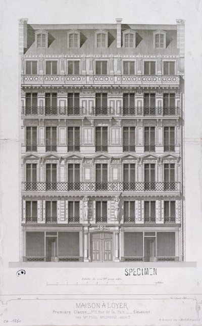 Progetto per un blocco di appartamenti in stile Haussmann in rue de la Paix, Parigi, c.1860 da Paul Mesnard
