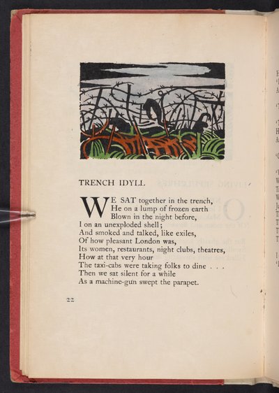 Idillio di trincea, illustrazione da "Images of War" di Richard Aldington. Londra, The Beaumont Press, pagina 22. da Paul Nash