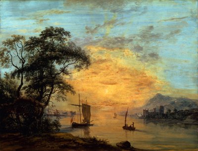 Un paesaggio fluviale gallese al tramonto. da Paul Sandby