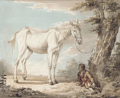 Un vecchio cavallo grigio legato a un albero, un ragazzo che riposa nelle vicinanze da Paul Sandby