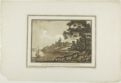 Castello di Benton guardando verso Milford Haven, da Dodici vedute in acquatinta da disegni presi sul posto nel Galles del Sud da Paul Sandby