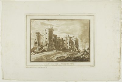 Castello di Carey nel Pembrokeshire, da Dodici vedute in acquatinta da disegni presi sul posto nel Galles del Sud da Paul Sandby