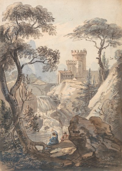 Paesaggio italianizzante con castello, cascata e pescatori da Paul Sandby