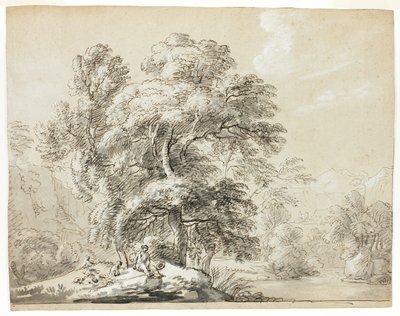 Uomo e cane seduti sotto gli alberi vicino al fiume da Paul Sandby