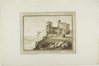 Castello di Manerbawr nel Pembroke Shire, da Dodici vedute in acquatinta da disegni presi sul posto nel Galles del Sud da Paul Sandby