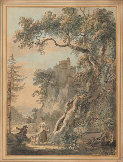 Paesaggio romantico - Contadini ai piedi di un castello su una rupe da Paul Sandby