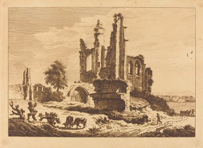 Abbazia in rovina con bestiame e un uomo che taglia legna da Paul Sandby