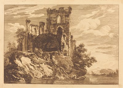 Rovine vicino a un fiume con un uomo in barca da Paul Sandby