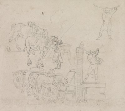 Studi di un carrettiere che pompa acqua per i suoi cavalli da Paul Sandby