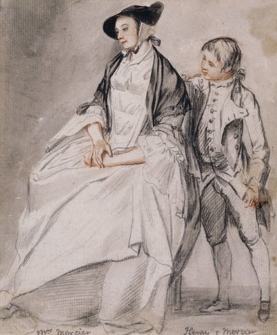 Studio di Mrs Mercier seduta su una sedia, e suo figlio più giovane, Henry Mercier, in piedi dietro di lei da Paul Sandby