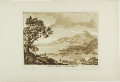Traeth Mawr nella strada per Caernarvan da Fistiniog, sesta lastra di Dodici vedute del Galles da Paul Sandby