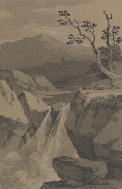 Cascata e Montagne Distanti da Paul Sandby Munn