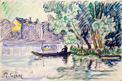 Pescatore in una barca vicino a una riva della Senna, c1900 da Paul Signac