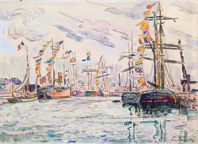 Barche a vela con bandiere festive a un molo a Saint-Malo, anni 1920 da Paul Signac