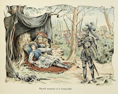 Illustrazione dal libro Histoire du chevalier Bayard di Theodore Cahu, illustrato da Paul De Semant: Bayard morente e Le Connetable de Bourbon 1524 da Paul de Semant