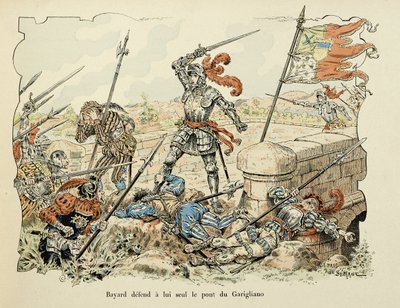 Illustrazione tratta dal libro "Storia del cavaliere Bayard" di Théodore Cahu, illustrato da Paul De Sémant: Bayard difende da solo il ponte di Garigliano, 1504 da Paul de Semant