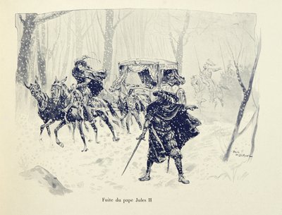 Illustrazione dal libro Histoire du chevalier Bayard di Theodore Cahu, illustrato da Paul De Semant: Fuga di Papa Giulio II da Paul de Semant