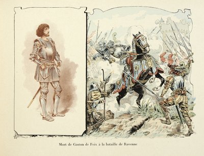 Illustrazione tratta dal libro “Histoire du chevalier Bayard” di Theodore Cahu, illustrata da Paul De Semant (1855-1915): Morte di Gaston de Foix (1489-1512) alla battaglia di Ravenna da Paul de Semant