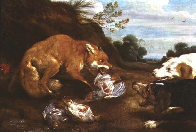 Volpe e cani da caccia che litigano per le pernici da Paul De Vos