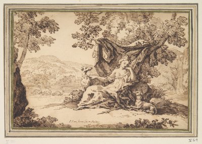 Donna con due cani seduta in un paesaggio da Paul van Somer