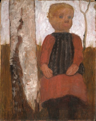Bambino in abito rosso accanto a un tronco di betulla da Paula Modersohn-Becker