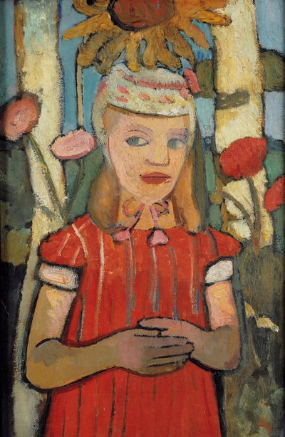 Ragazza in abito rosso davanti a un girasole, 1907 da Paula Modersohn Becker