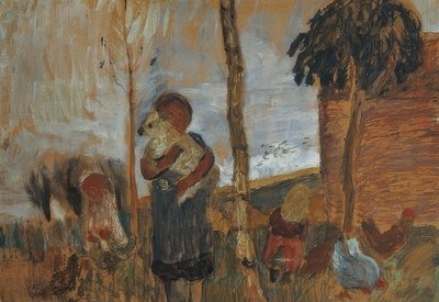 Bambini e galline davanti a un paesaggio da Paula Modersohn Becker