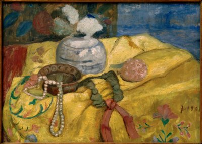 Natura morta con coperta gialla e vaso di zenzero con fiori da Paula Modersohn Becker