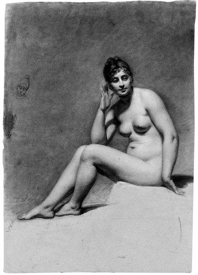 Una donna nuda seduta, con la testa girata a destra e uno studio caricaturale della sua testa da Pauline Auzou