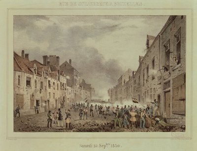 Combattimento nella Rue Schaerbeck, Bruxelles, domenica 25 settembre 1830, inciso da Dewasme-Pletinckx da Paulus Lauters