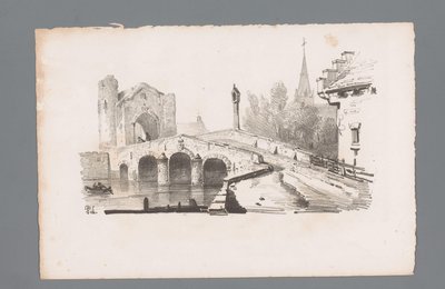 Veduta di un ponte con porta, sullo sfondo una chiesa (Principi di paesaggi) da Paulus Lauters